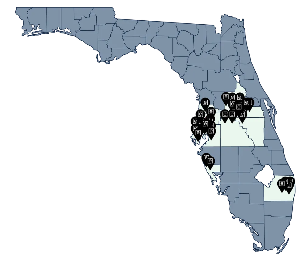 Map of Florida marking Evolve Health clinic communities across the state.
