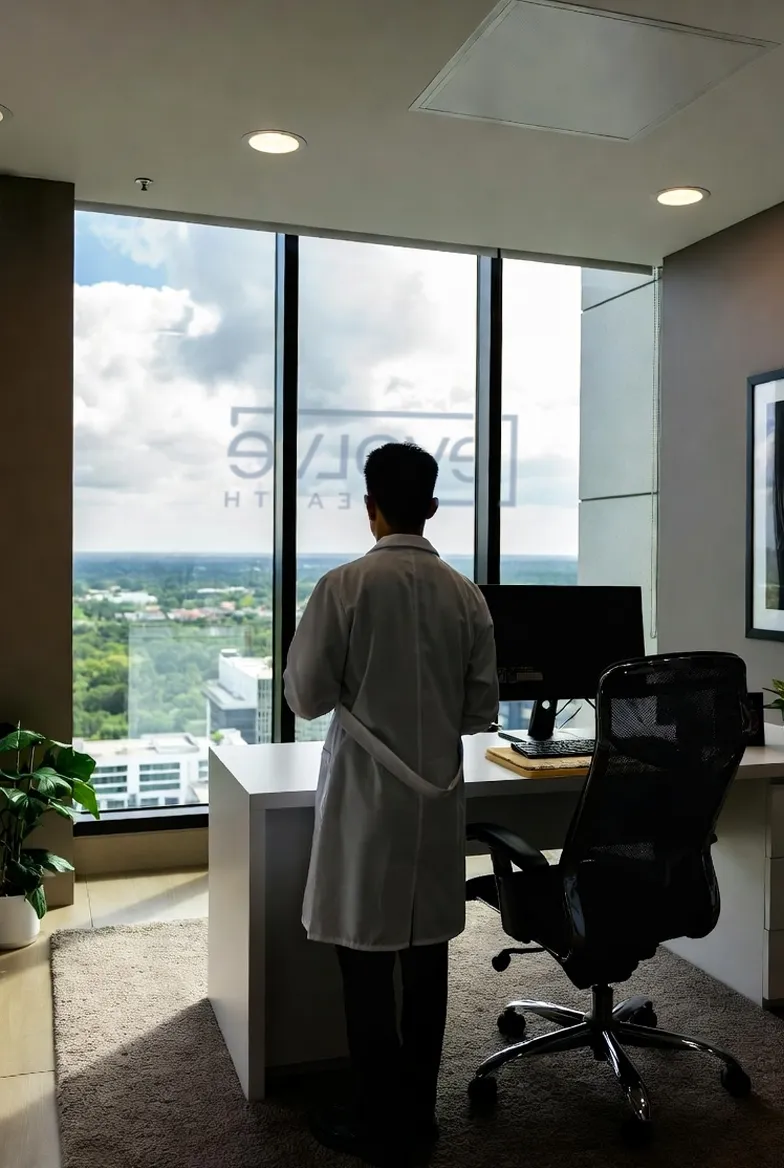 An Evolve Health physician looks out over the city from a clinic office.