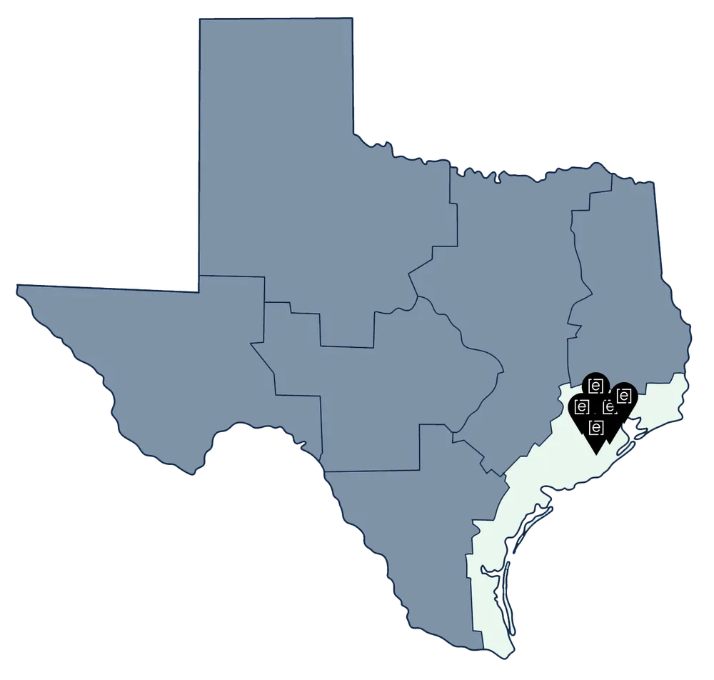 Map of Texas marking Evolve Health clinic communities in the Gulf Coast region.